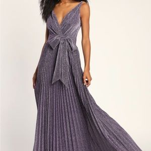 Lulu’s Going for Glitz Purple Metallic Pleated Maxi Dress, Size Small